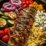 Balsamic Chicken Orzo with Roasted Veggies & Creamy Feta Recipe