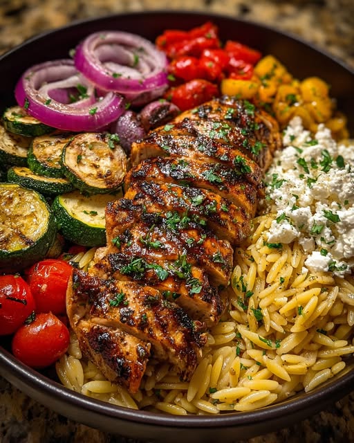 Balsamic Chicken Orzo with Roasted Veggies & Creamy Feta Recipe - Recipe Image