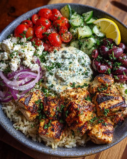 Greek Chicken Souvlaki Bowl with Spicy Lemon Feta Sauce Recipe 6 Greek Chicken Souvlaki Bowl with Spicy Lemon Feta Sauce Recipe - Recipe Image