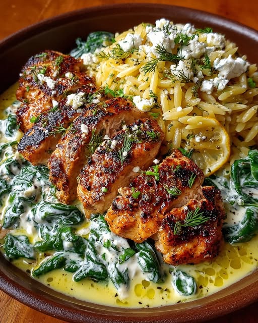 Lemon Dijon Chicken Orzo with Spinach & Feta Yogurt Sauce Recipe