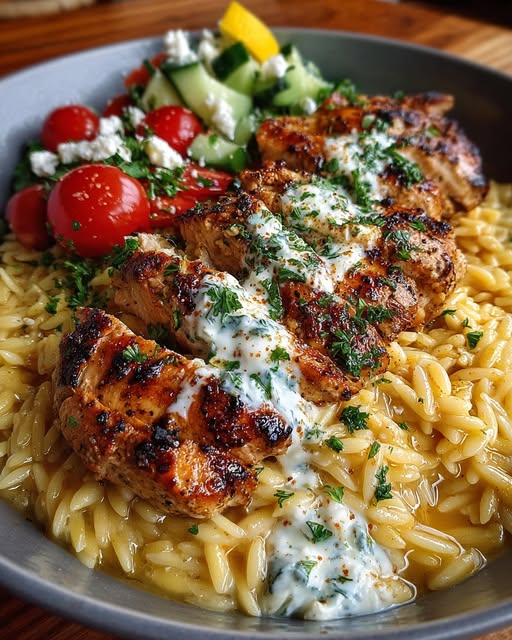 Lemon Dijon Chicken Orzo Bowl with Garlic Feta Yogurt Sauce Recipe