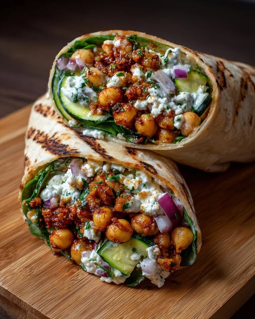 Grilled Zucchini & Feta Chickpea Wrap with Herbed Yogurt Recipe
