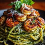 Pesto Pasta and Grilled Shrimp Stack Recipe