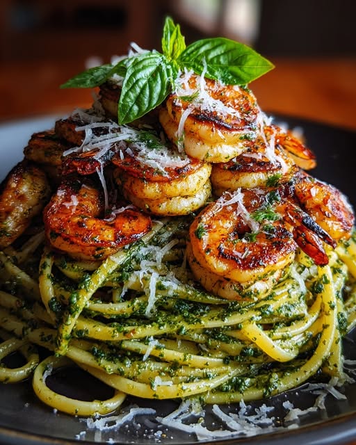 Pesto Pasta and Grilled Shrimp Stack Recipe - Recipe Image