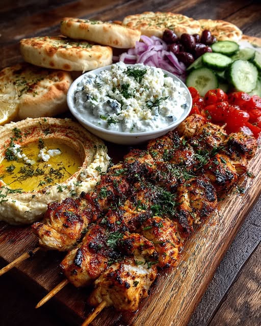 Greek Chicken Souvlaki Grazing Board with Feta Dip Recipe - Recipe Image