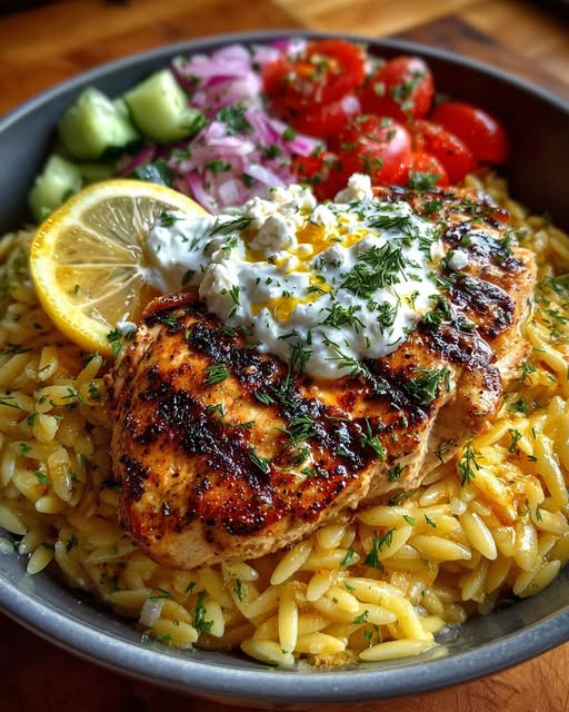 Lemon Dijon Chicken Orzo Bowl with Lemon Feta Yogurt Sauce Recipe - Recipe Image