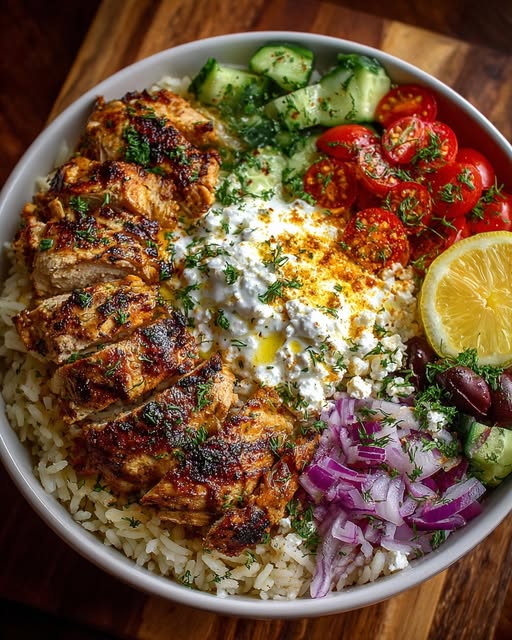 Greek Chicken Gyro Bowl with Spicy Garlic Feta Recipe 5 Greek Chicken Gyro Bowl with Spicy Garlic Feta Recipe - Recipe Image