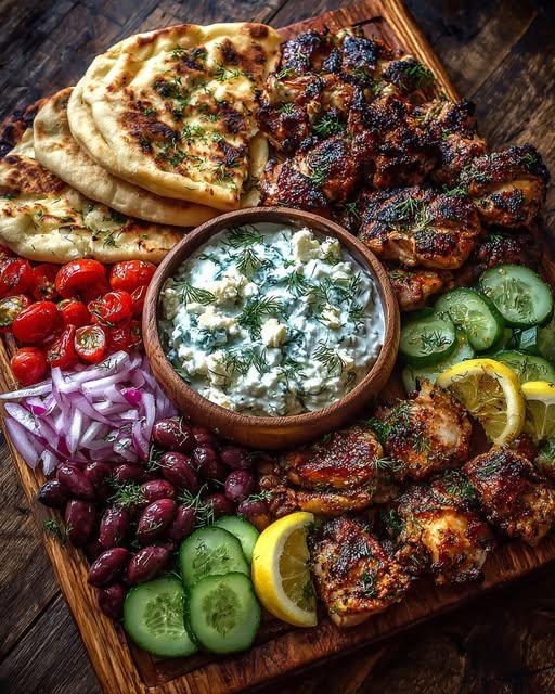 Greek Chicken Souvlaki Grazing Board with Lemon Feta Dip Recipe - Recipe Image