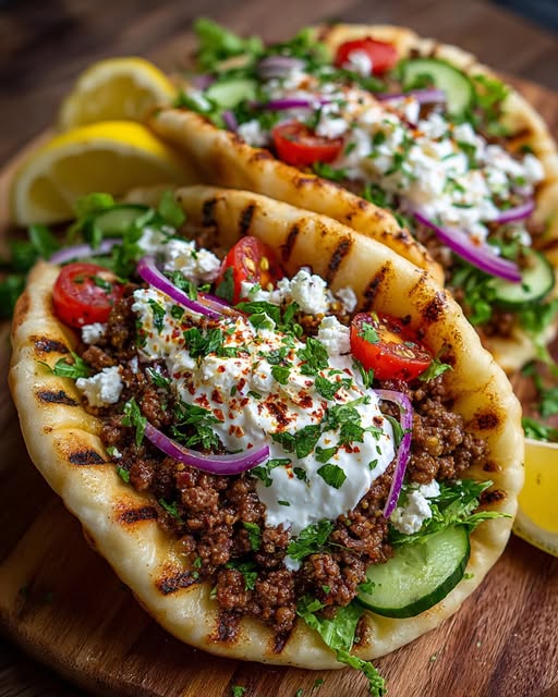 Mediterranean Ground Beef Pita with Lemon Honey Feta Cream Recipe