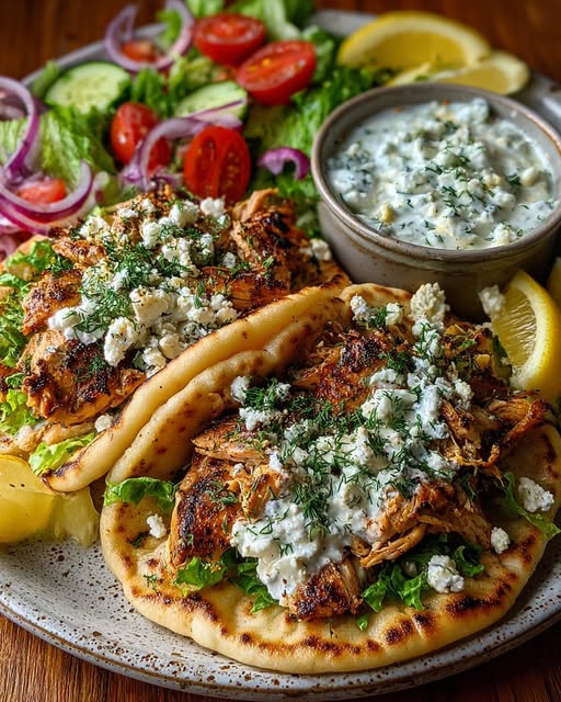 Greek Lemon Chicken Pita Wraps with Spicy Dill Feta Sauce Recipe