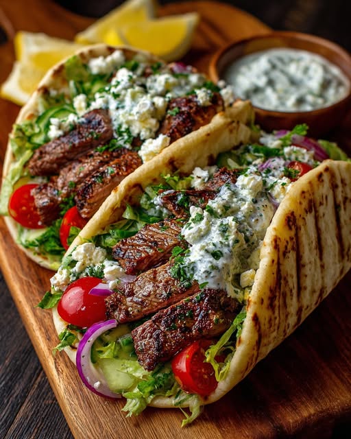 Greek Lemon Steak Pita Wraps with Creamy Dill Feta Sauce Recipe 5 Greek Lemon Steak Pita Wraps with Creamy Dill Feta Sauce Recipe - Recipe Image