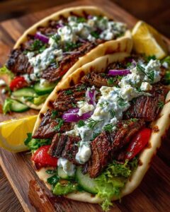 Greek Lemon Beef Pita Wraps with Creamy Dill Feta Sauce Recipe