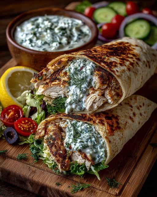 Greek Chicken Wraps with Dill Garlic Yogurt Sauce Recipe - Recipe Image