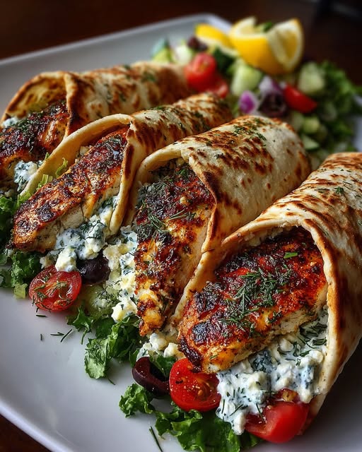 Greek Lemon Chicken Pita Wraps with Dill Garlic Feta Sauce Recipe - Recipe Image