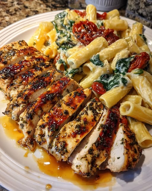 Herb Chicken Penne Coated in Creamy Italian Parmesan Sauce Recipe