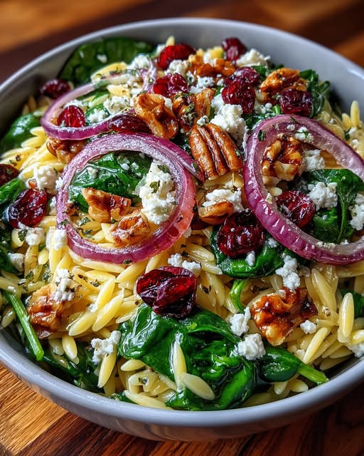 Spinach and Orzo Salad with Cranberries and Walnuts Recipe - Recipe Image