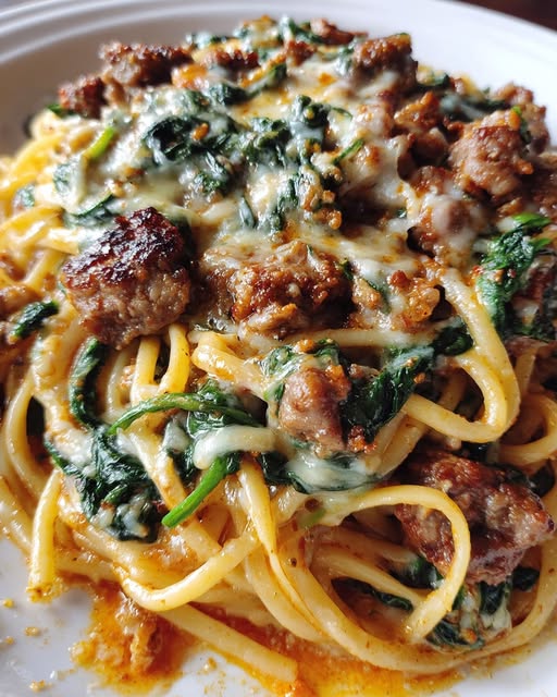 Creamy Ground Beef Spinach Linguine Recipe - Recipe Image