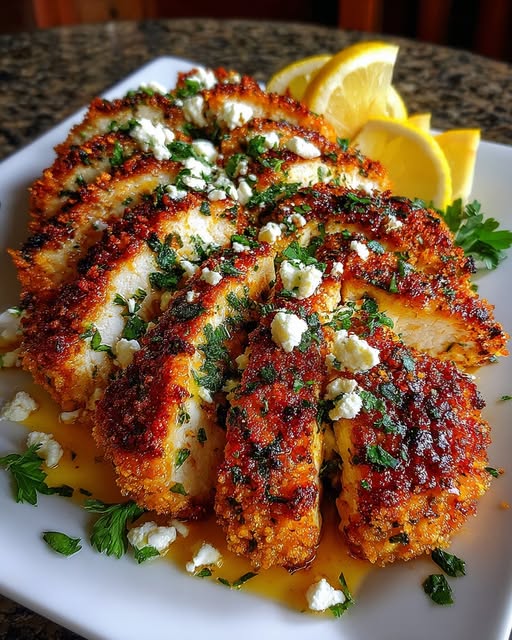 Place the crispy chicken on a serving plate and drizzle generously with the spicy hot honey lemon feta sauce Recipe - Recipe Image