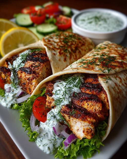 Greek Chicken Wraps with Dill Lemon Garlic Yogurt Sauce Recipe