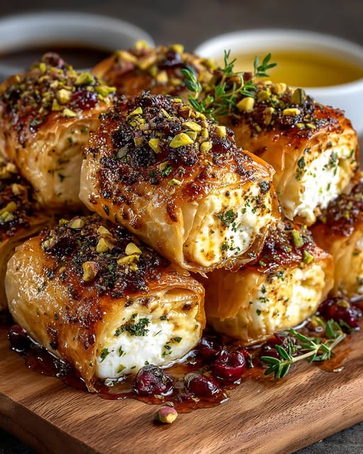 Golden Baked Feta Rolls with Sweet Cranberry Honey Recipe - Recipe Image