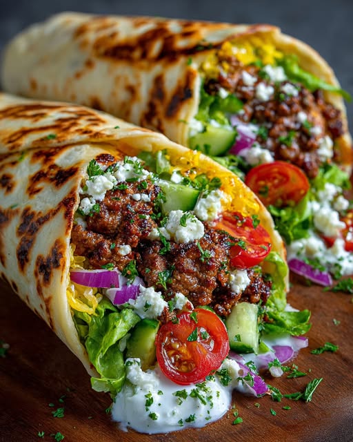 Mediterranean Ground Beef Wrap with Lemon Honey Feta Cream Recipe - Recipe Image