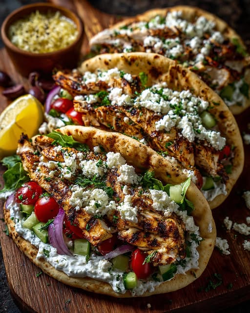 Greek Chicken Pita with Whipped Garlic Feta Cream Recipe