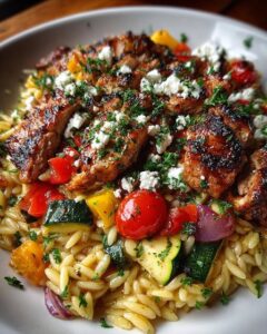 Balsamic Chicken Orzo with Roasted Veggies & Creamy Feta Recipe