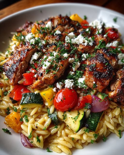 Balsamic Chicken Orzo with Roasted Veggies & Creamy Feta Recipe - Recipe Image