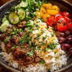 Mediterranean Beef Rice Bowl with Creamy Garlic Feta Recipe