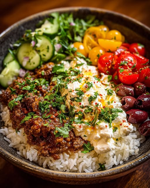 Mediterranean Beef Rice Bowl with Creamy Garlic Feta Recipe