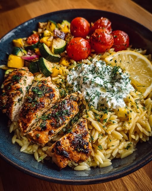 Lemon Dijon Chicken Orzo Bowl with Dill Whipped Feta Recipe - Recipe Image