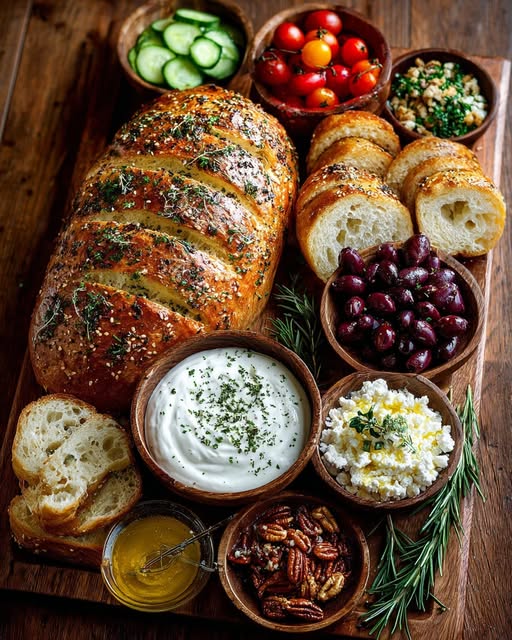 Rustic Mediterranean Bread and Garlic Yogurt Dip Board Recipe