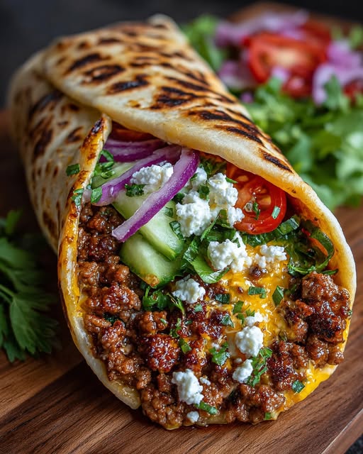 Mediterranean Ground Turkey Wrap with Hot Honey Feta Cream Recipe