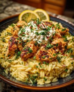 Lemon Garlic Chicken Orzo with Garlic Whipped Feta Recipe