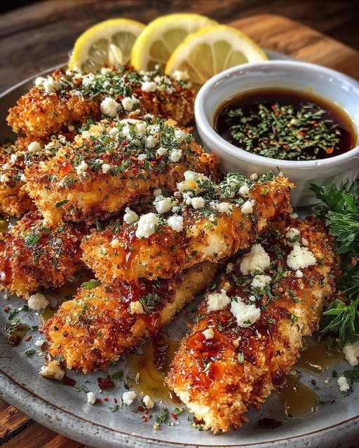 Crispy Hot Honey Lemon Feta Chicken Tenders with Herb Crust Recipe