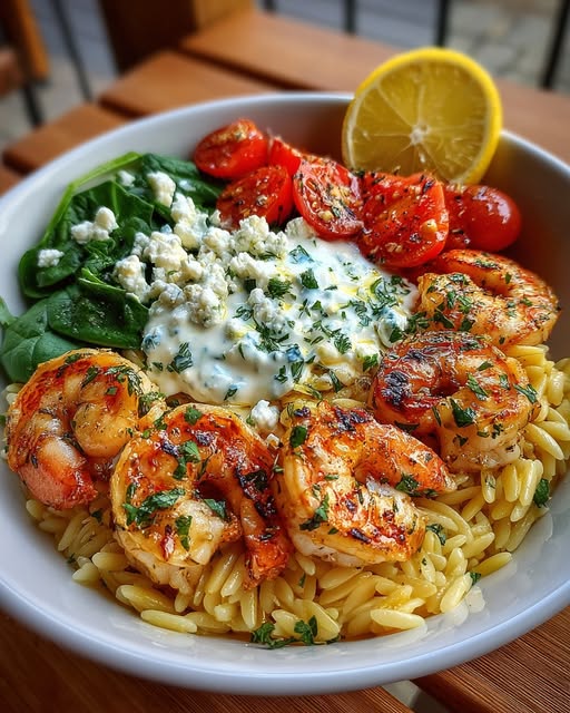 Lemon Dijon Shrimp Orzo Bowl with Lemon Feta Yogurt Sauce Recipe