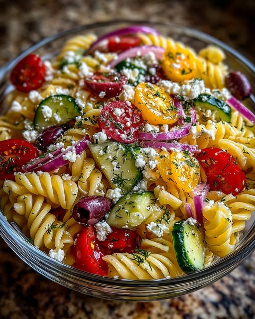 Greek Pasta Salad with Feta, Olives & Cucumber Recipe