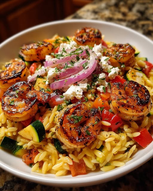 Balsamic Shrimp Orzo with Grilled Veggies & Whipped Feta Recipe