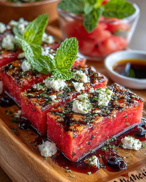 Grilled Watermelon Steak with Warm Feta & Balsamic Pearls Recipe