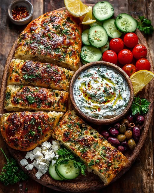 Rustic Mediterranean Bread and Garlic Yogurt Dip Board Recipe