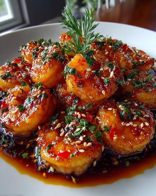 Honey Chili Shrimp with a Sticky Glaze & Fresh Herbs Recipe - Recipe Image