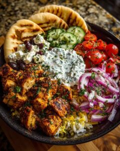 Mediterranean Chicken Pita Bowl with Spicy Feta Sauce Recipe
