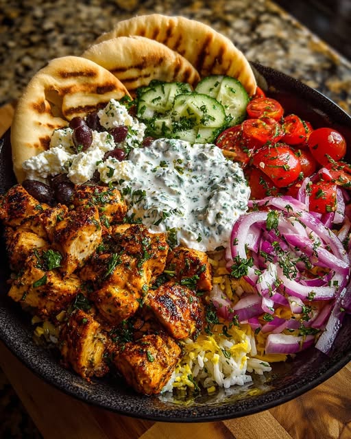 Mediterranean Chicken Pita Bowl with Spicy Feta Sauce Recipe