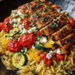 Balsamic Chicken Orzo with Roasted Veggies & Creamy Feta Recipe