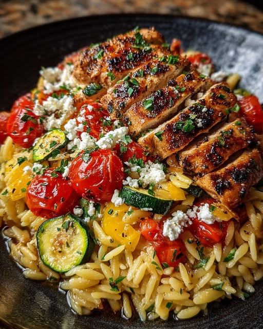 Balsamic Chicken Orzo with Roasted Veggies & Creamy Feta Recipe - Recipe Image