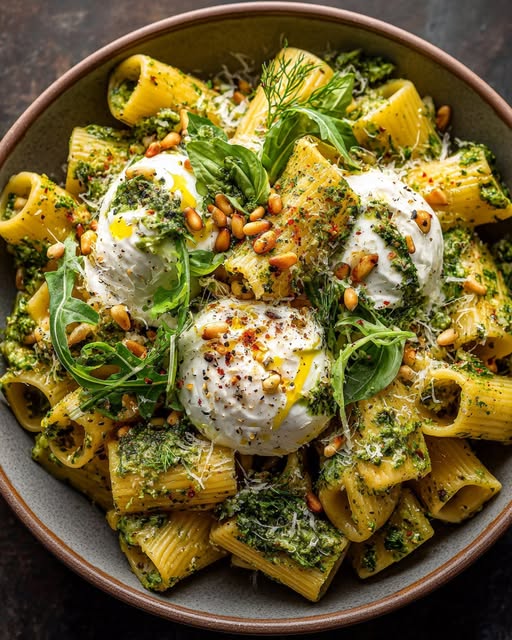 Lemon Pesto Rigatoni with Burrata & Roasted Pine Nuts Recipe