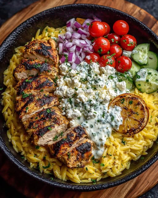 Lemon Dijon Chicken Orzo Bowl with Lemon Feta Yogurt Sauce Recipe