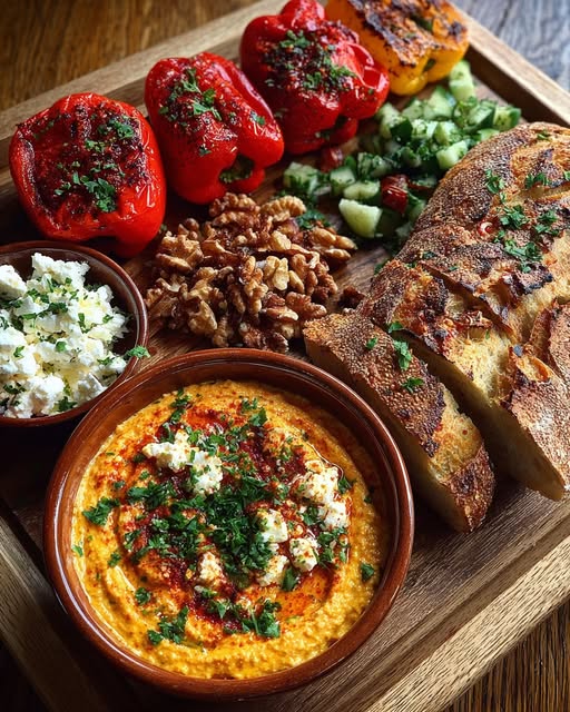 Rustic Mediterranean Bread and Roasted Red Pepper Dip Board Recipe