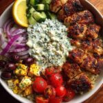 Greek Chicken Souvlaki Bowls with Spicy Lemon Feta Sauce Recipe