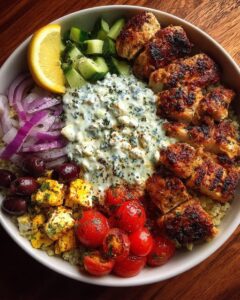 Greek Chicken Souvlaki Bowls with Spicy Lemon Feta Sauce Recipe